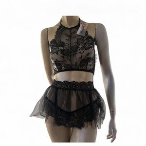 Escante Black Lace Halter, Tutu Garter  and Panty Set- NWT- M